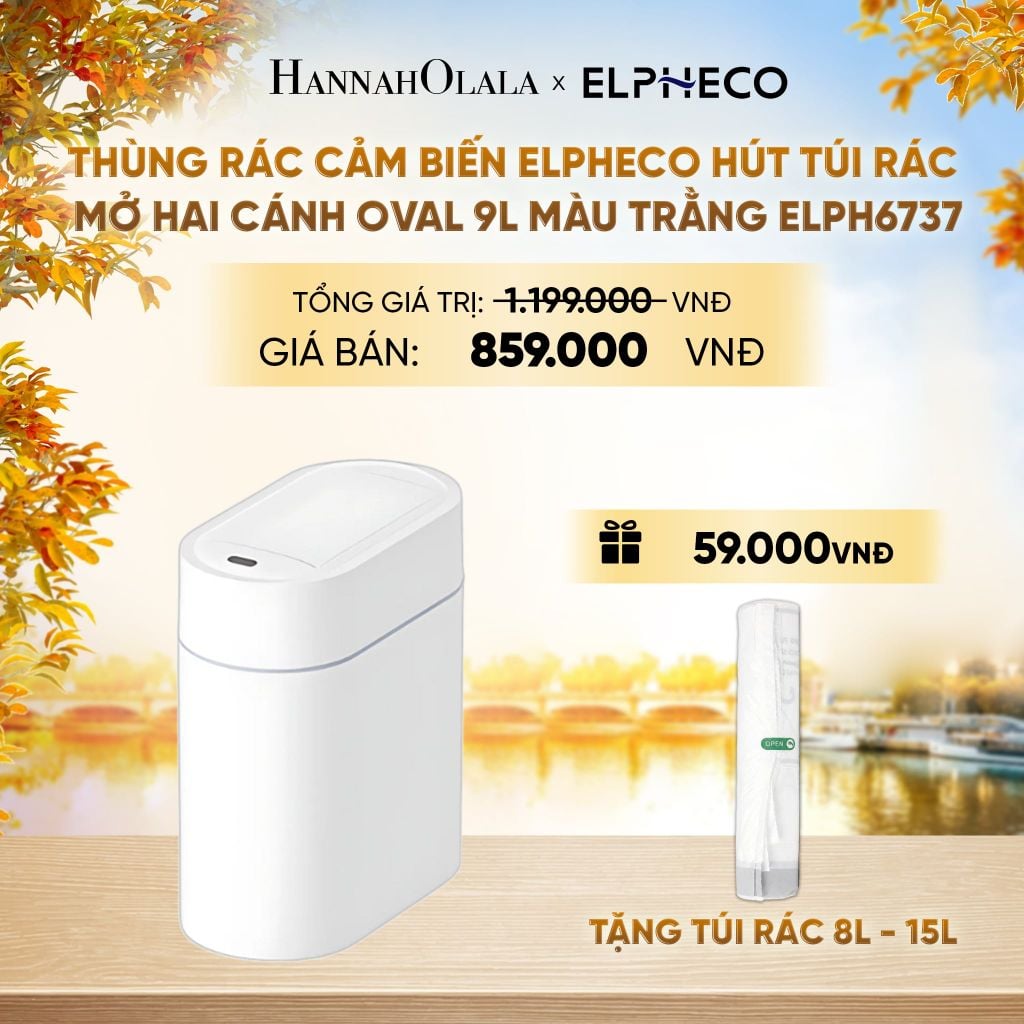  THÙNG RÁC CẢM BIẾN ELPHECO HÚT TÚI RÁC, MỞ HAI CÁNH OVAL 9L MÀU TRẰNG ELPH6737 - DEAL 23 - E1665 