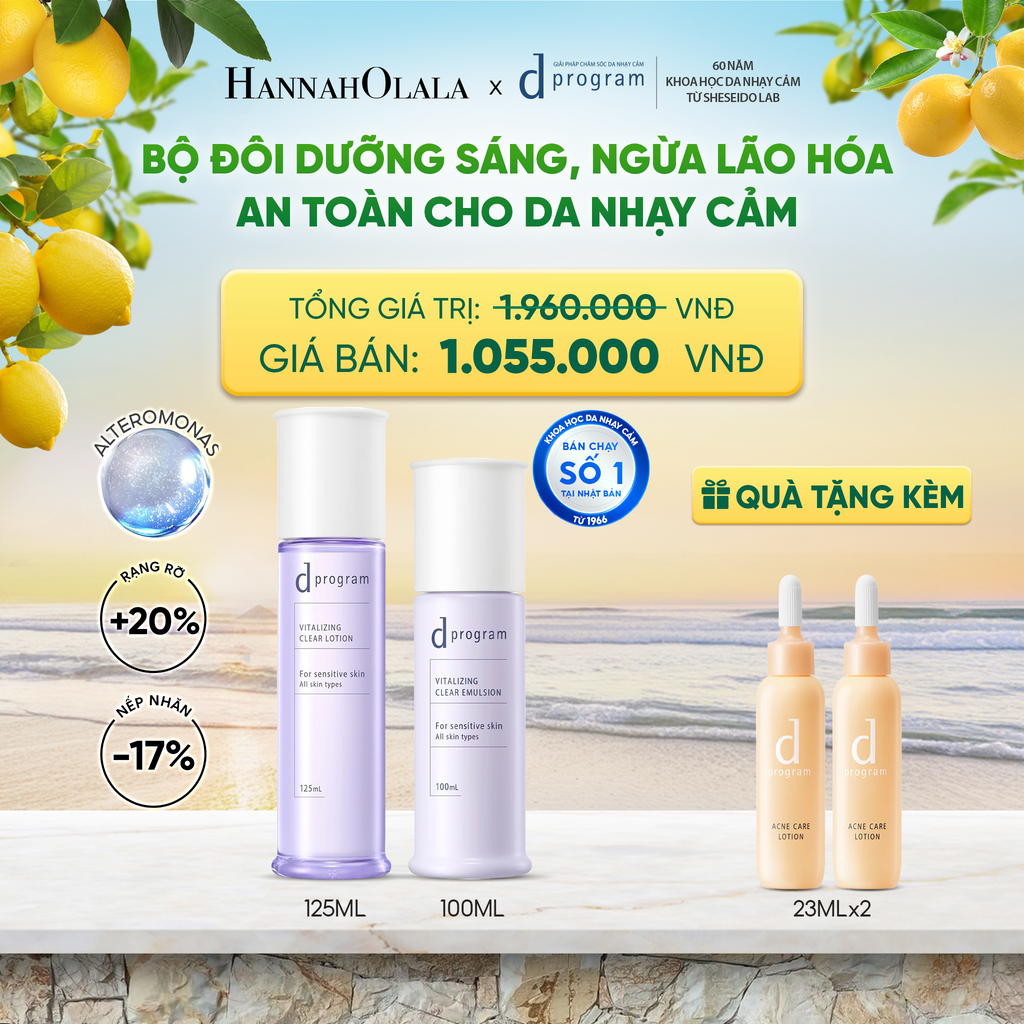 [MỚI] COMBO NƯỚC DƯỠNG ẨM SÁNG DA, CHĂM SÓC DA NHẠY CẢM & HỖ TRỢ NGĂN LÃO HÓA DPROGRAM VITALIZING CLEAR LOTION 125ML & SỮA DƯỠNG SÁNG DA, CHĂM SÓC DA NHẠY CẢM & HỖ TRỢ NGĂN LÃO HÓA DPROGRAM VITALIZING CLEAR EMULSION 100ML - DEAL 23 