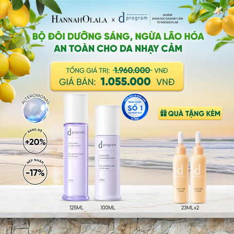  [MỚI] COMBO NƯỚC DƯỠNG ẨM SÁNG DA, CHĂM SÓC DA NHẠY CẢM & HỖ TRỢ NGĂN LÃO HÓA DPROGRAM VITALIZING CLEAR LOTION 125ML & SỮA DƯỠNG SÁNG DA, CHĂM SÓC DA NHẠY CẢM & HỖ TRỢ NGĂN LÃO HÓA DPROGRAM VITALIZING CLEAR EMULSION 100ML - DEAL 23 
