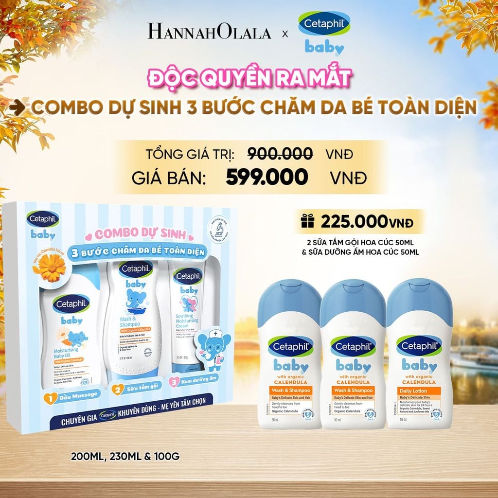  COMBO DỰ SINH CHĂM SÓC TOÀN DIỆN CHO BÉ SƠ SINH SỮA TẮM GỘI WS CALENDULA 230ML + KEM DƯỠNG ẨM SOOTHING 100G + DẦU MASSAGE CETAPHIL BABY VỚI CALENDULA HOA CÚC HỮU CƠ - E1769 