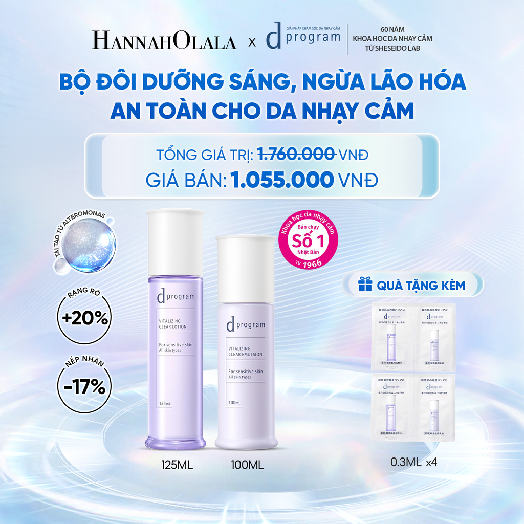  [MỚI] COMBO NƯỚC DƯỠNG ẨM SÁNG DA, CHĂM SÓC DA NHẠY CẢM & HỖ TRỢ NGĂN LÃO HÓA DPROGRAM VITALIZING CLEAR LOTION 125ML & SỮA DƯỠNG SÁNG DA, CHĂM SÓC DA NHẠY CẢM & HỖ TRỢ NGĂN LÃO HÓA DPROGRAM VITALIZING CLEAR EMULSION 100ML - DEAL 23 - C51 