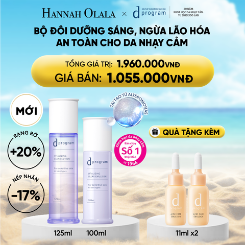  DEAL 23: [MỚI] COMBO NƯỚC DƯỠNG ẨM SÁNG DA, CHĂM SÓC DA NHẠY CẢM & HỖ TRỢ NGĂN LÃO HÓA DPROGRAM VITALIZING CLEAR LOTION 125ML & SỮA DƯỠNG SÁNG DA, CHĂM SÓC DA NHẠY CẢM & HỖ TRỢ NGĂN LÃO HÓA DPROGRAM VITALIZING CLEAR EMULSION 100ML 