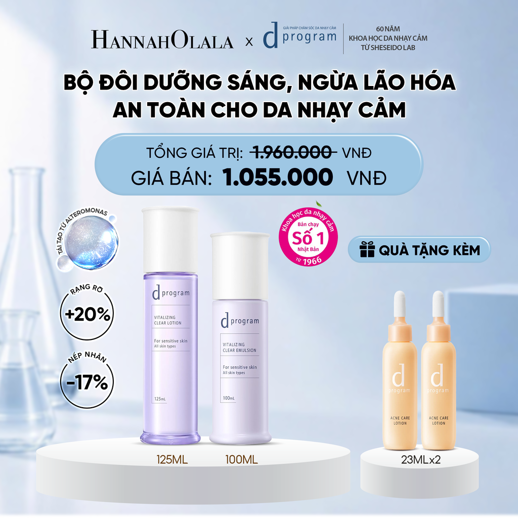 [MỚI] COMBO NƯỚC DƯỠNG ẨM SÁNG DA, CHĂM SÓC DA NHẠY CẢM & HỖ TRỢ NGĂN LÃO HÓA DPROGRAM VITALIZING CLEAR LOTION 125ML & SỮA DƯỠNG SÁNG DA, CHĂM SÓC DA NHẠY CẢM & HỖ TRỢ NGĂN LÃO HÓA DPROGRAM VITALIZING CLEAR EMULSION 100ML - DEAL 23 