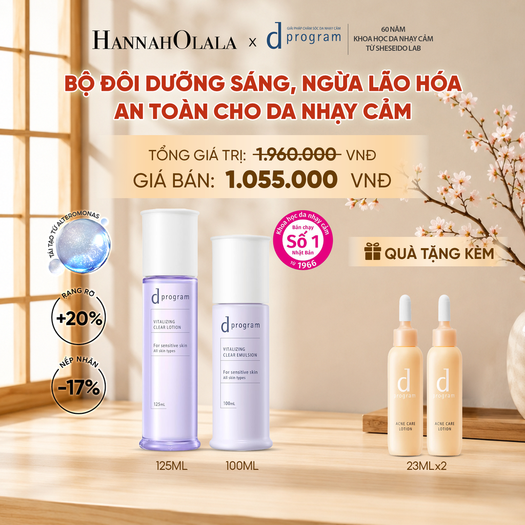  [MỚI] COMBO NƯỚC DƯỠNG ẨM SÁNG DA, CHĂM SÓC DA NHẠY CẢM & HỖ TRỢ NGĂN LÃO HÓA DPROGRAM VITALIZING CLEAR LOTION 125ML & SỮA DƯỠNG SÁNG DA, CHĂM SÓC DA NHẠY CẢM & HỖ TRỢ NGĂN LÃO HÓA DPROGRAM VITALIZING CLEAR EMULSION 100ML - DEAL 23 