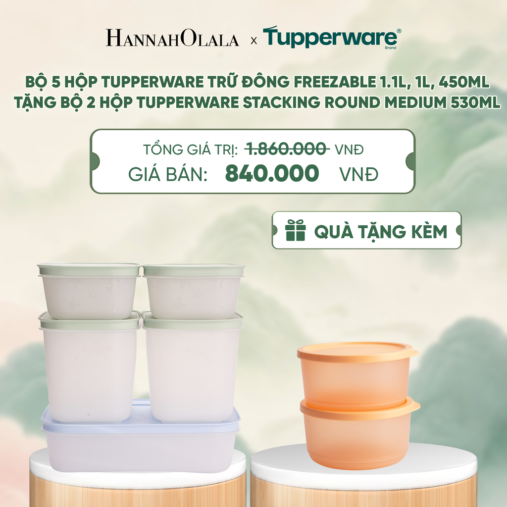  BỘ 5 HỘP ĐỰNG THỰC PHẨM TUPPERWARE TRỮ ĐÔNG FREEZABLE 1.1L, 1L, 450ML (TẶNG BỘ 2 HỘP ĐỰNG THỰC PHẨM TUPPERWARE TRỮ KHÔ VÀ MÁT STACKING ROUND MEDIUM 530ML) - DEAL 23 - A2042 