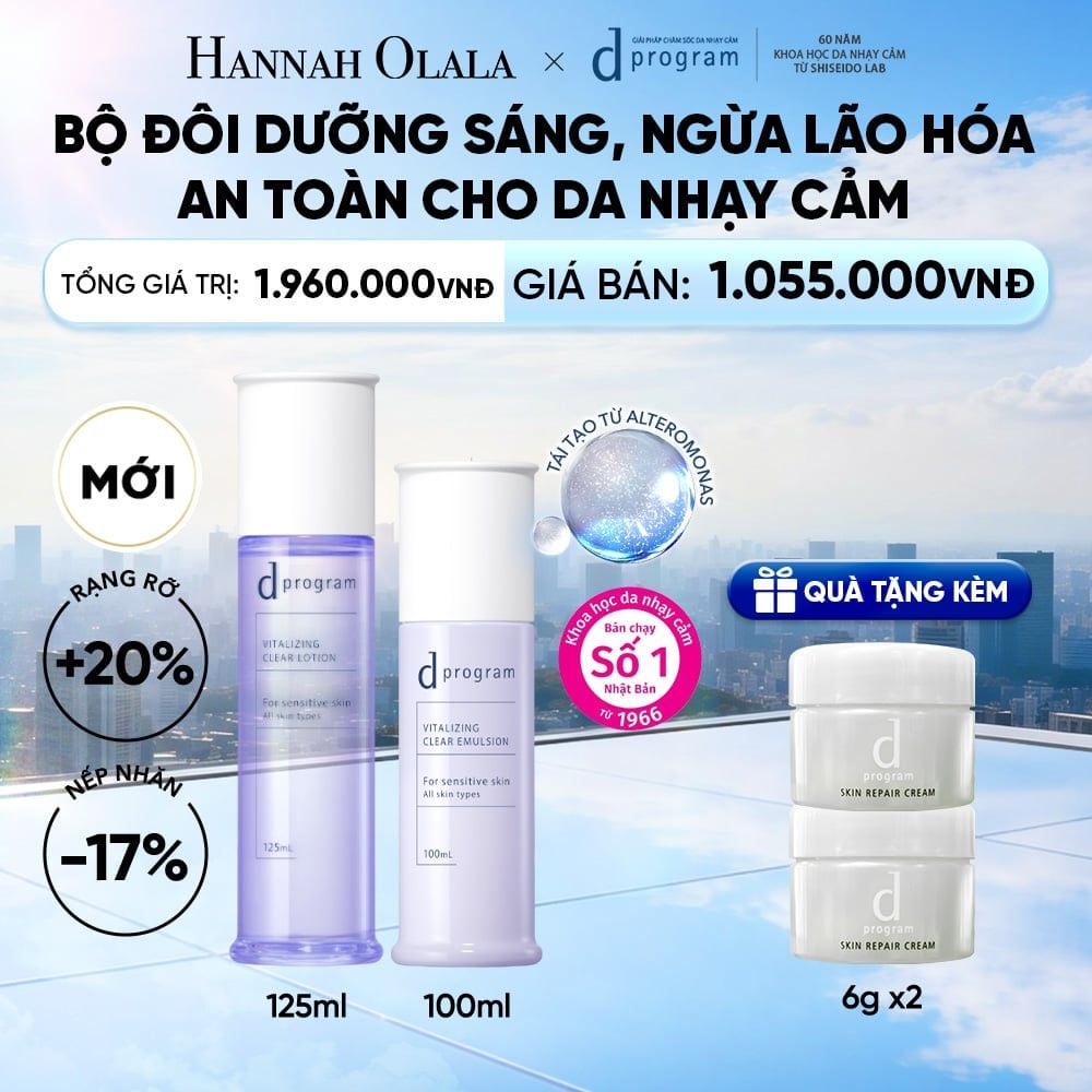  [MỚI] COMBO NƯỚC DƯỠNG ẨM SÁNG DA, CHĂM SÓC DA NHẠY CẢM & HỖ TRỢ NGĂN LÃO HÓA DPROGRAM VITALIZING CLEAR LOTION 125ML & SỮA DƯỠNG SÁNG DA, CHĂM SÓC DA NHẠY CẢM & HỖ TRỢ NGĂN LÃO HÓA DPROGRAM VITALIZING CLEAR EMULSION 100ML - DEAL 23 