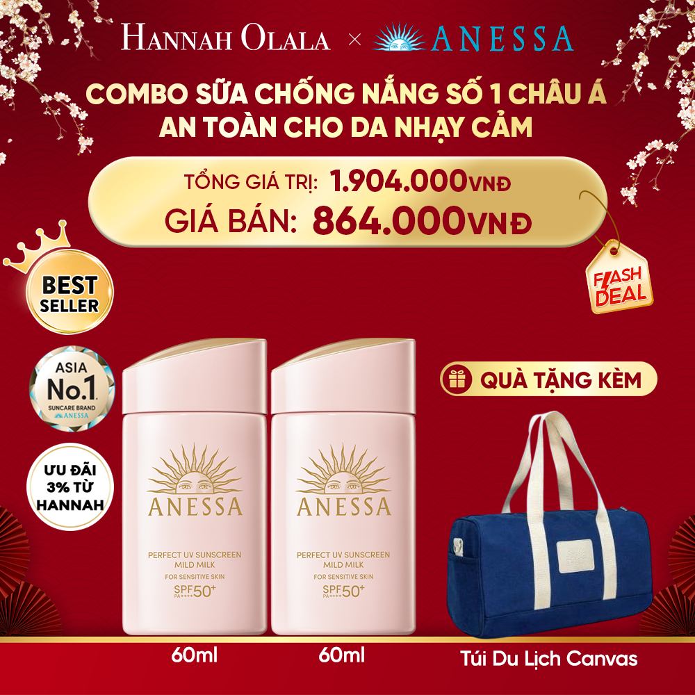  DEAL 24: COMBO SỮA CHỐNG NẮNG DƯỠNG DA DỊU NHẸ AN TOÀN CHO DA NHẠY CẢM VÀ TRẺ EM ANESSA MILD MILK SPF50+ PA++++ 60MLX2 