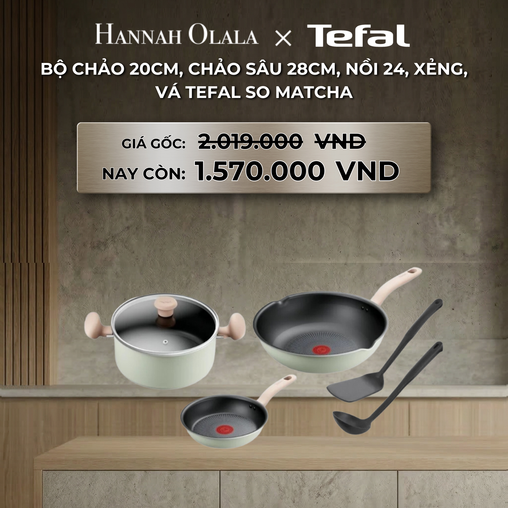 B88_deal 24: bộ chảo 20cm, chảo sâu 28cm, nồi 24, xẻng, vá tefal so matcha