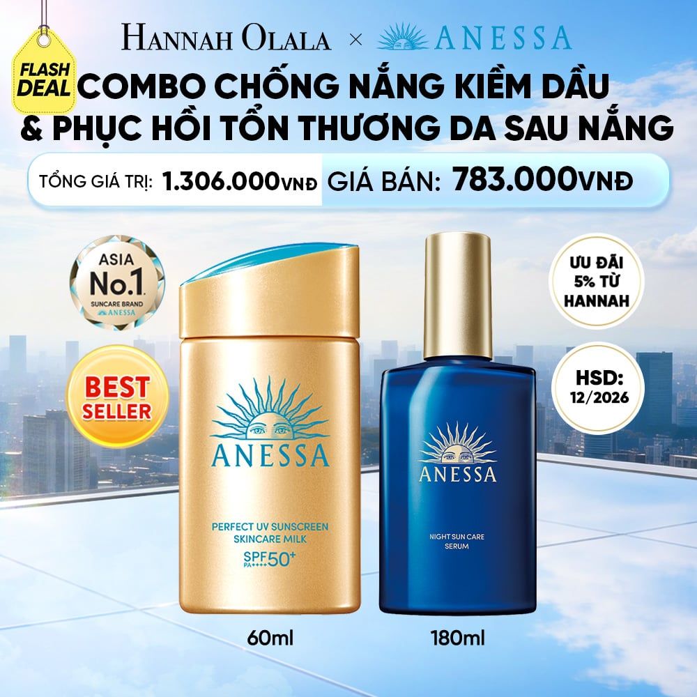  [FLASHSALE] COMBO SỮA CHỐNG NẮNG & SERUM PHỤC HỒI TỔN THƯƠNG SAU NẮNG CHO MẶT - TOÀN THÂN ANESSA GOLD MILK 60ML + NIGHT SERUM 180ML
HSD: 25/12/2026 - DEAL 25 