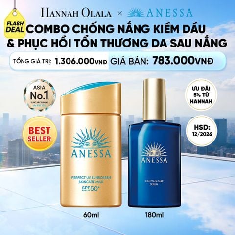  [FLASHSALE] COMBO SỮA CHỐNG NẮNG & SERUM PHỤC HỒI TỔN THƯƠNG SAU NẮNG CHO MẶT - TOÀN THÂN ANESSA GOLD MILK 60ML + NIGHT SERUM 180ML
HSD: 25/12/2026 - DEAL 25 