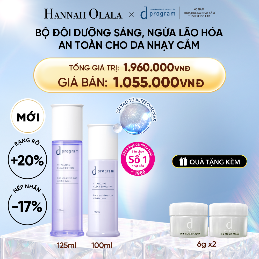  DEAL 25: [MỚI] COMBO NƯỚC DƯỠNG ẨM SÁNG DA, CHĂM SÓC DA NHẠY CẢM & HỖ TRỢ NGĂN LÃO HÓA DPROGRAM VITALIZING CLEAR LOTION 125ML & SỮA DƯỠNG SÁNG DA, CHĂM SÓC DA NHẠY CẢM & HỖ TRỢ NGĂN LÃO HÓA DPROGRAM VITALIZING CLEAR EMULSION 100ML 