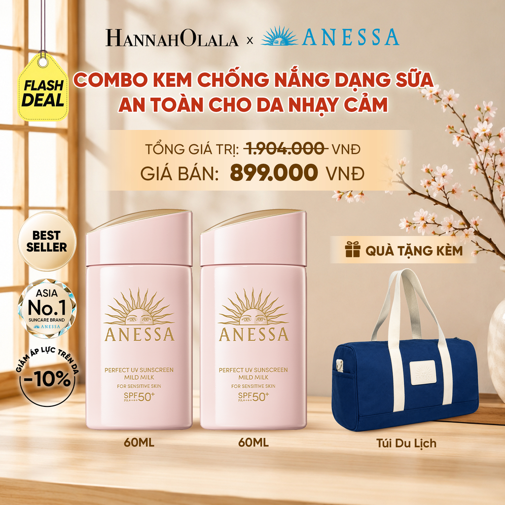  [FLASHSALE] COMBO SỮA CHỐNG NẮNG DƯỠNG DA DỊU NHẸ AN TOÀN CHO DA NHẠY CẢM VÀ TRẺ EM ANESSA MILD MILK SPF50+ PA++++ 60MLX2 - DEAL 3 