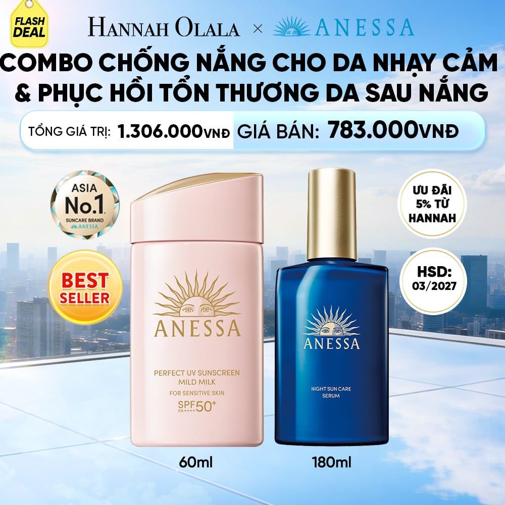  [FLASHSALE] COMBO SỮA CHỐNG NẮNG & SERUM PHỤC HỒI TỔN THƯƠNG SAU NẮNG AN TOÀN CHO DA NHẠY CẢM ANESSA MILD MILK 60ML + NIGHT SERUM 180ML
HSD: 29/03/2027 - DEAL 26 