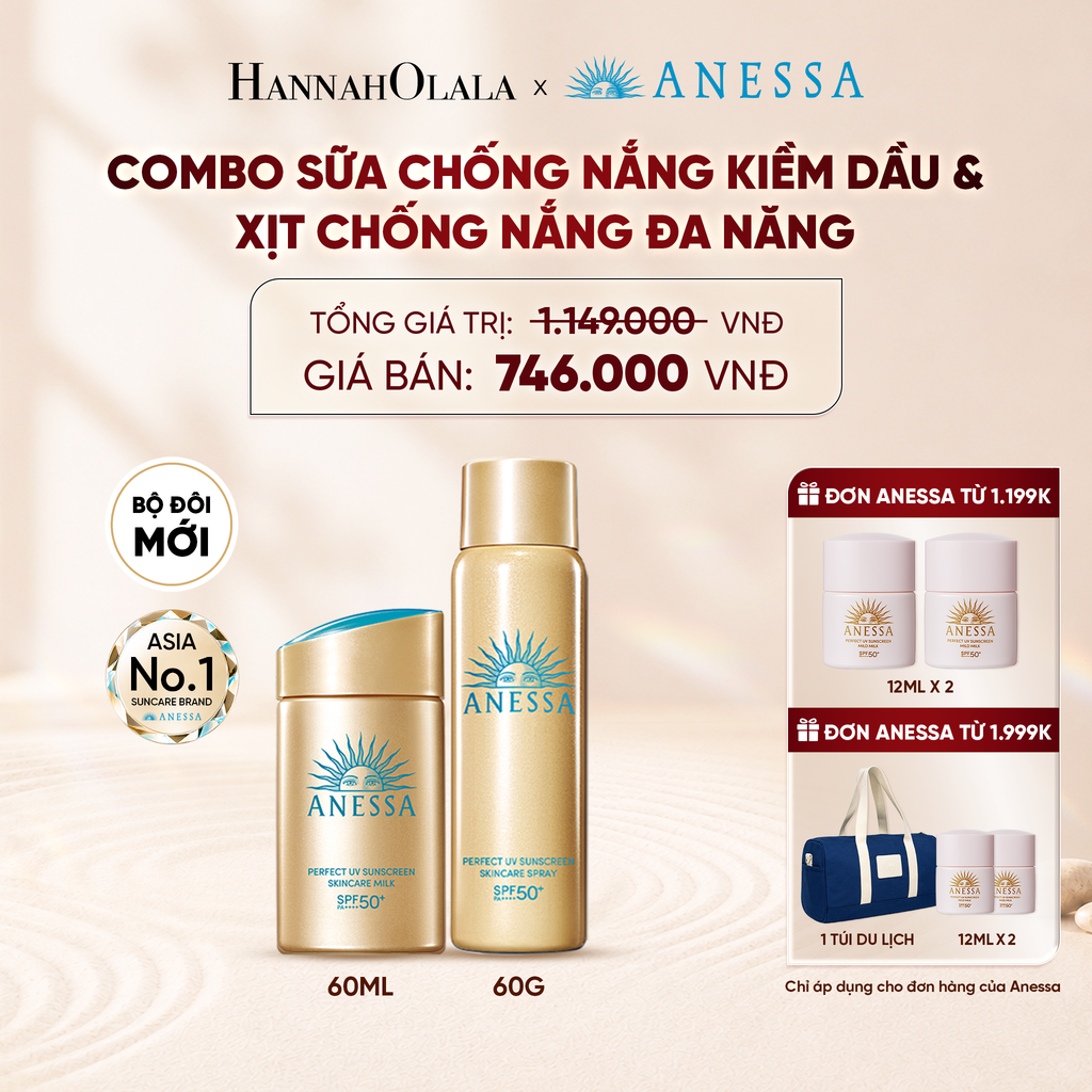 COMBO SỮA CHỐNG NẮNG KIỀM DẦU & XỊT CHỐNG NẮNG TOÀN THÂN ĐA NĂNG TIỆN DỤNG ANESSA GOLD MILK 60ML + GOLD SPRAY 60G - DEAL 27 