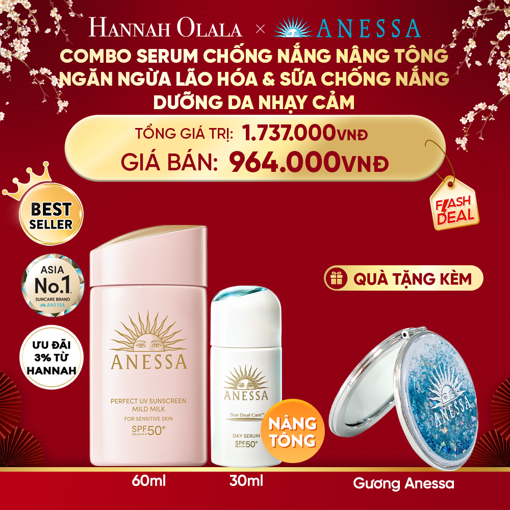  DEAL 27: COMBO SERUM CHỐNG NẮNG & SỮA CHỐNG NẮNG BẢO VỆ VÀ DƯỠNG DA AN TOÀN CHO DA NHẠY CẢM ANESSA DAY SERUM 30ML + MILD MILK 60ML 