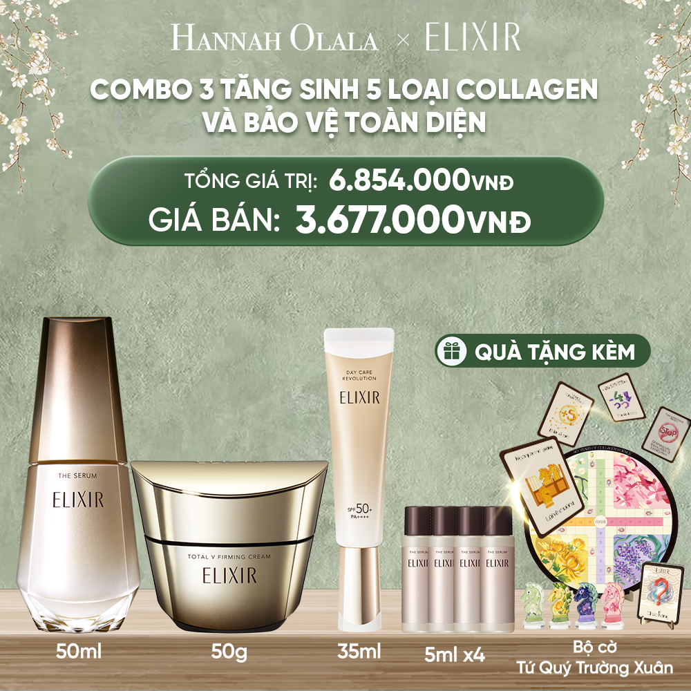 DEAL 29: COMBO SERUM KÍCH HOẠT TRẺ HÓA LÀN DA THE SERUM AA 50ML & KEM DƯỠNG CẢI THIỆN CHẢY XỆ NGĂN NGỪA LÃO HÓA ELIXIR TOTAL V FIRMING CREAM 50G & SỮA CHỐNG NẮNG PHỤC HỒI COLLAGEN  ELIXIR DAY CARE REVOLUTION SPF50+ 35ML 