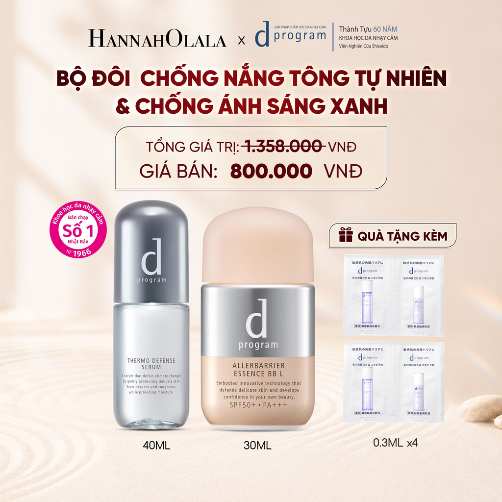 COMBO SERUM CÂN BẰNG NHIỆT ĐỘ DA D PROGRAM THERMO SERUM 40ML + KEM CHỐNG NẮNG TRANG ĐIỂM DẠNG TINH CHẤT DÀNH CHO DA NHẠY CẢM DPROGRAM ALLERDEFENSE ESSENCE BB TÔNG SÁNG 30ML, SPF50, PA+++ - DEAL 28 