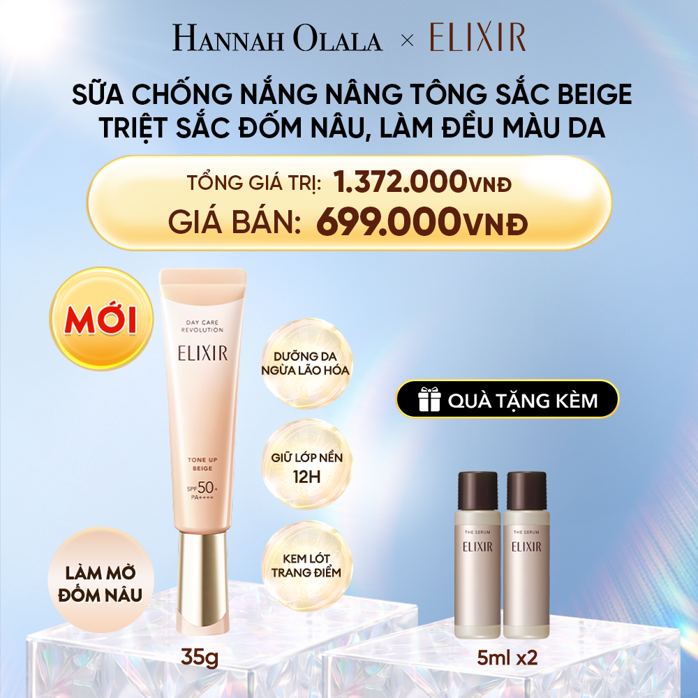  DEAL 28: | SẮC BEIGE MỚI | KEM CHỐNG NẮNG DẠNG SỮA NÂNG TÔNG CHỐNG LÃO HÓA TRIỆT SẮC ĐỐM NÂU ELIXIR DAY CARE REVOLUTION TONE-UP PURE BEIGE 35G 