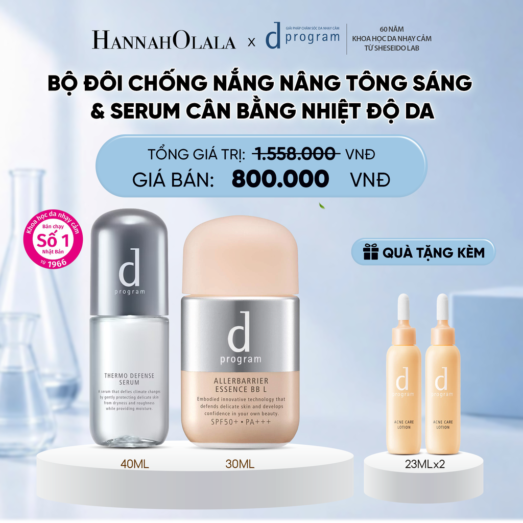  COMBO SERUM CÂN BẰNG NHIỆT ĐỘ DA D PROGRAM THERMO SERUM 40ML + KEM CHỐNG NẮNG TRANG ĐIỂM DẠNG TINH CHẤT DÀNH CHO DA NHẠY CẢM DPROGRAM ALLERDEFENSE ESSENCE BB TÔNG SÁNG 30ML, SPF50, PA+++ - DEAL 28 