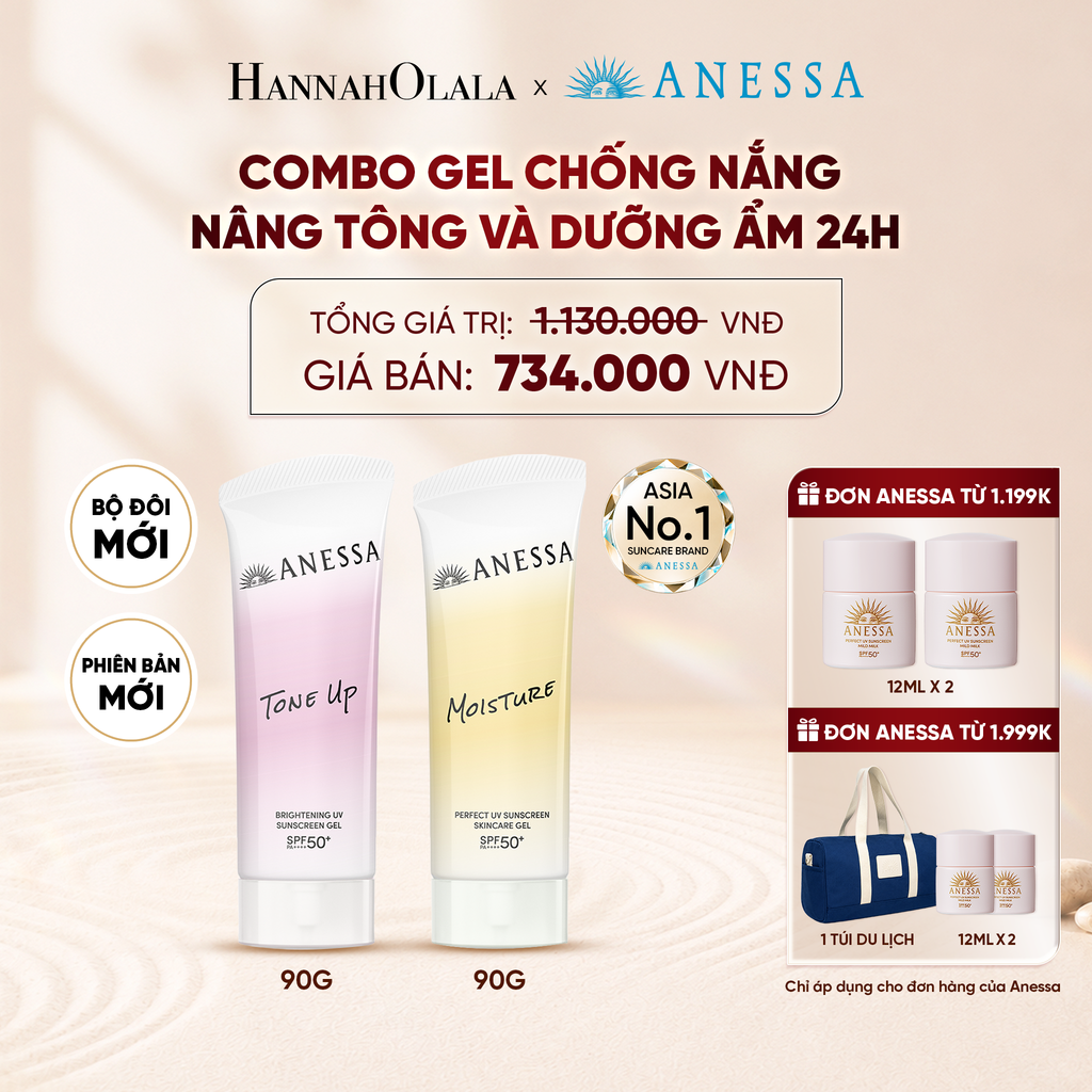  [PHIÊN BẢN MỚI] COMBO GEL CHỐNG NẮNG DƯỠNG SÁNG NÂNG TÔNG & CÂN BẰNG ĐỘ ẨM 24H SPF50+ PA++++ ANESSA TONE UP UV GEL 90G + MOISTURE UV GEL 90G - DEAL 28 