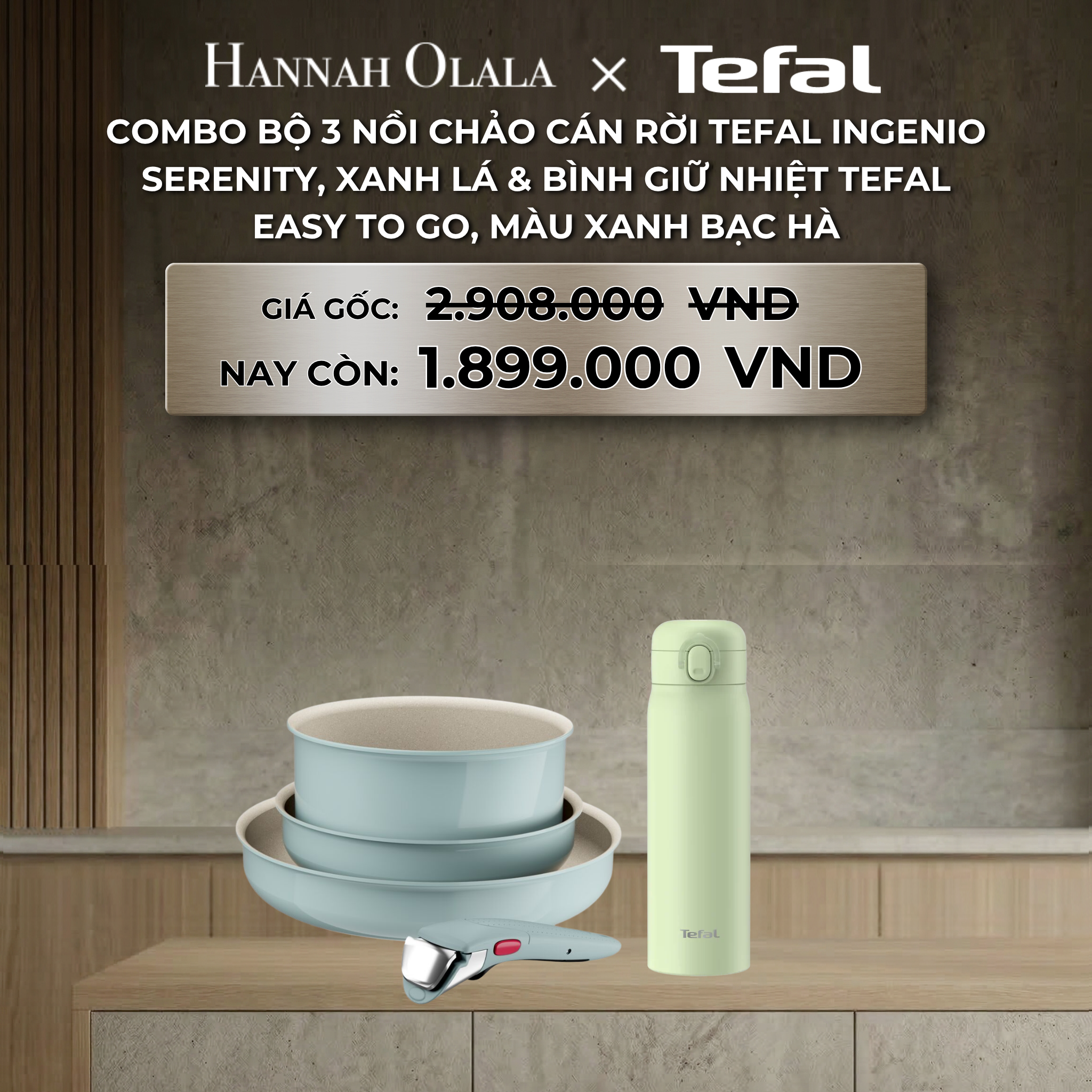 B93_deal 29: combo bộ 3 nồi chảo cán rời tefal ingenio serenity, xanh lá & bình giữ nhiệt tefal easy to go, màu xanh bạc hà
