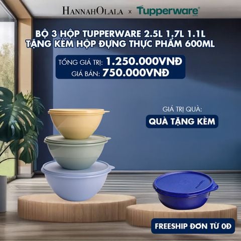  BỘ 3 HỘP TUPPERWARE TRỮ KHÔ VÀ MÁT 2.5L 1.7L 1.1L - TẶNG KÈM HỘP ĐỰNG THỰC PHẨM 600ML 