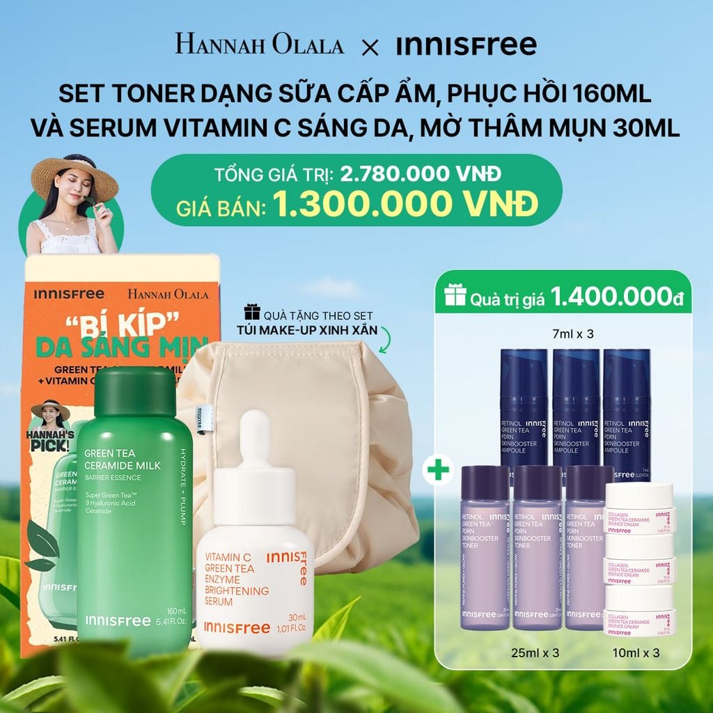  DEAL 2: SET TONER DẠNG SỮA CẤP ẨM, PHỤC HỒI INNISFREE GREEN TEA CERAMIDE MILK 160ML VÀ KEM DƯỠNG CẤP ẨM, PHỤC HỒI INNISFREE GREEN TEA CERAMIDE CREAM 50ML 