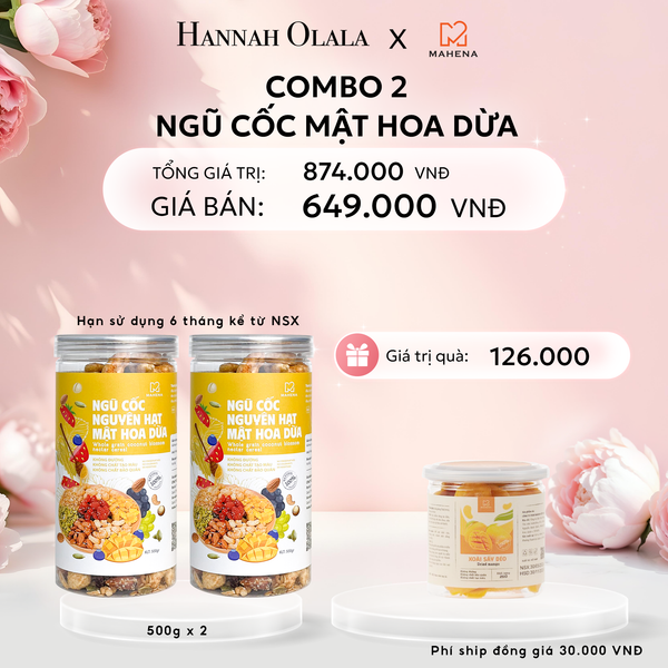  E1: DEAL 2: MUA 2 NGŨ CỐC NGUYÊN HẠT MẬT HOA DỪA 500G TẶNG 1 HỘP XOÀI SẤY DẺO 250G 