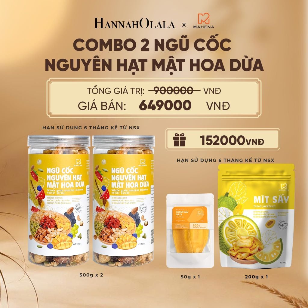  COMBO 2 NGŨ CỐC NGUYÊN HẠT MẬT HOA DỪA 500G TẶNG 1 MÍT SẤY GIÒN 200G VÀ XOÀI SẤY DẺO 50G DEAL 2: - E135 