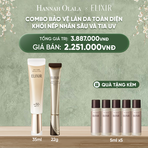  DEAL 2: COMBO KEM DƯỠNG DA CẢI THIỆN 11 LOẠI NẾP NHĂN SÂU ELIXIR RETINOL POWER WRINKLE SMOOTHING CREAM 22G ( PHIÊN BẢN CẢI TIẾN MỚI) & [THẾ HỆ MỚI] KEM CHỐNG NẮNG DẠNG SỮA PHỤC HỒI COLLAGEN TỪ CẤP ĐỘ TẾ BÀO ELIXIR DAY CARE REVOLUTION SPF50+ 35ML 