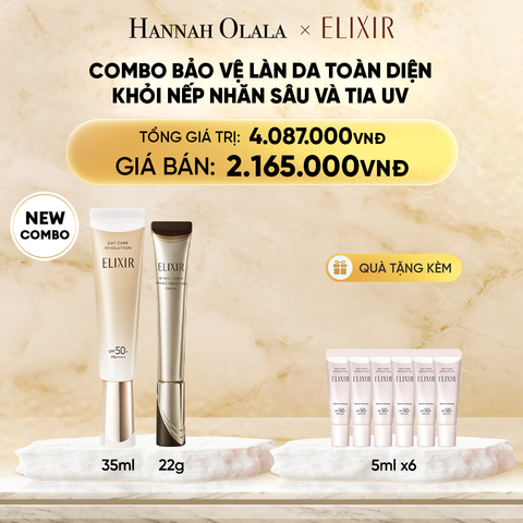  DEAL 2: COMBO KEM DƯỠNG DA CẢI THIỆN 11 LOẠI NẾP NHĂN SÂU ELIXIR RETINOL POWER WRINKLE SMOOTHING CREAM 22G ( PHIÊN BẢN CẢI TIẾN MỚI) & [THẾ HỆ MỚI] SỮA CHỐNG NẮNG PHỤC HỒI COLLAGEN TỪ CẤP ĐỘ TẾ BÀO ELIXIR DAY CARE REVOLUTION SPF50+ 35ML 