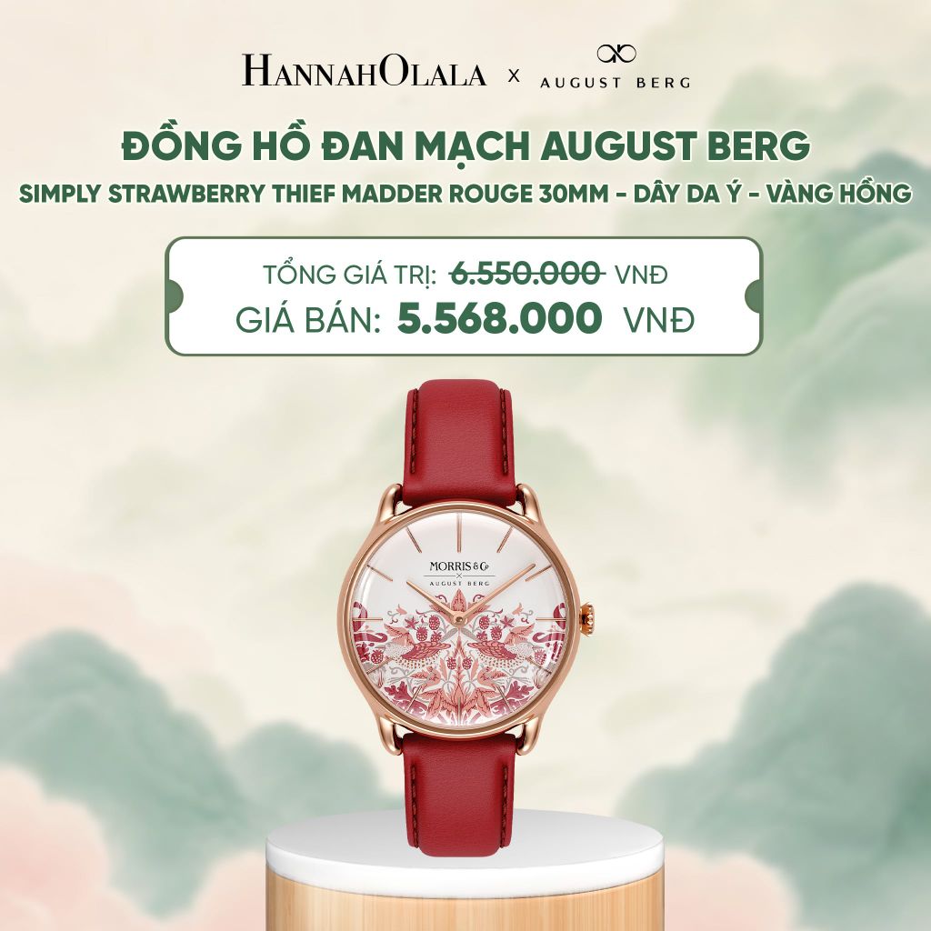  ĐỒNG HỒ ĐAN MẠCH AUGUST BERG X MORRIS & CO. SIMPLY STRAWBERRY THIEF MADDER ROUGE 30MM - DÂY DA Ý - VÀNG HỒNG - DEAL 2 - A1806 