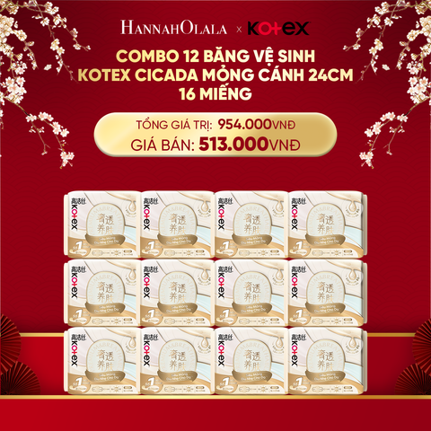  DEAL 2: COMBO 12 BĂNG VỆ SINH KOTEX CICADA MỎNG CÁNH 24CM 16 MIẾNG 