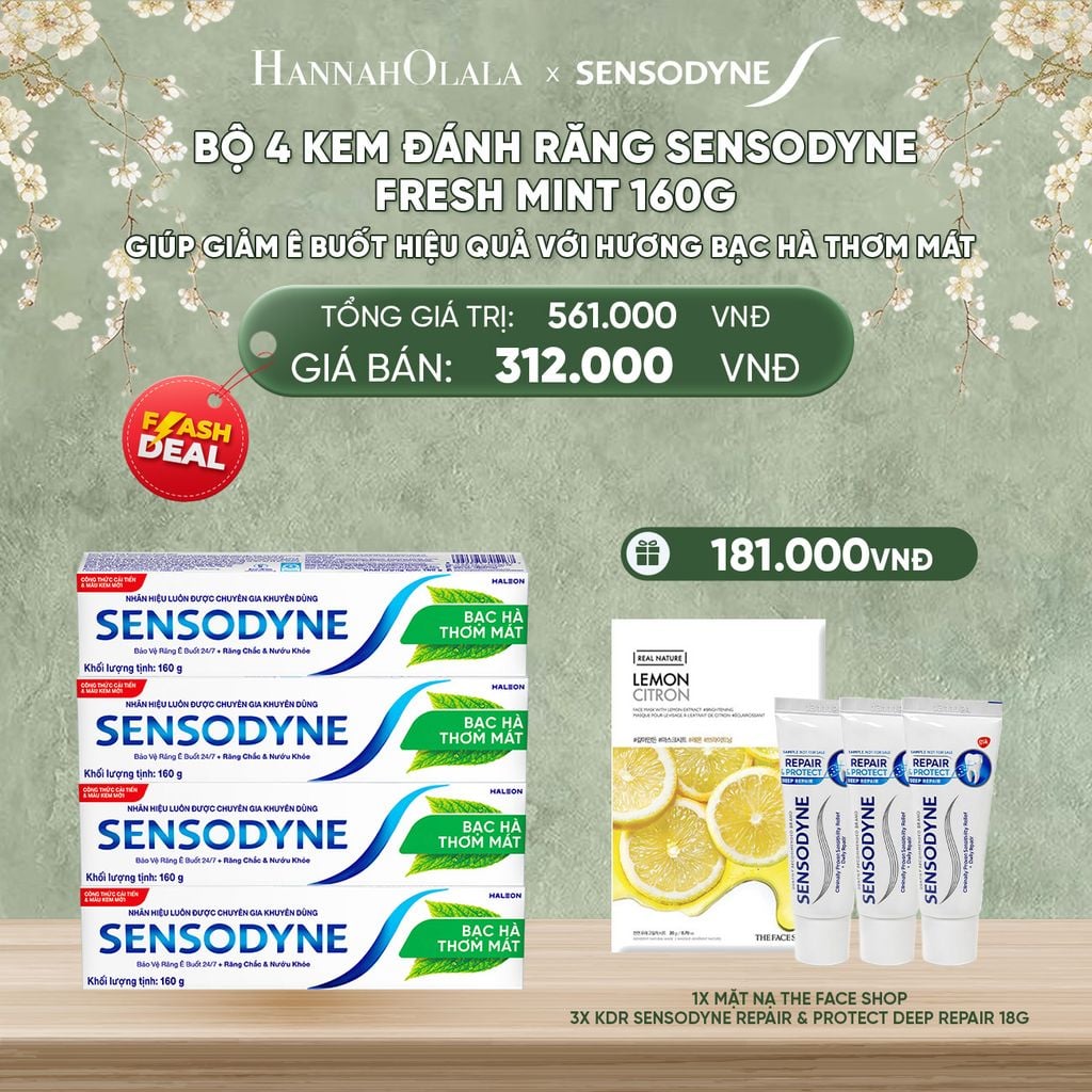  DEAL 2: [FLASH DEAL] BỘ 4 KEM ĐÁNH RĂNG SENSODYNE FRESH MINT 160G GIÚP GIẢM Ê BUỐT HIỆU QUẢ VỚI HƯƠNG BẠC HÀ THƠM MÁT 