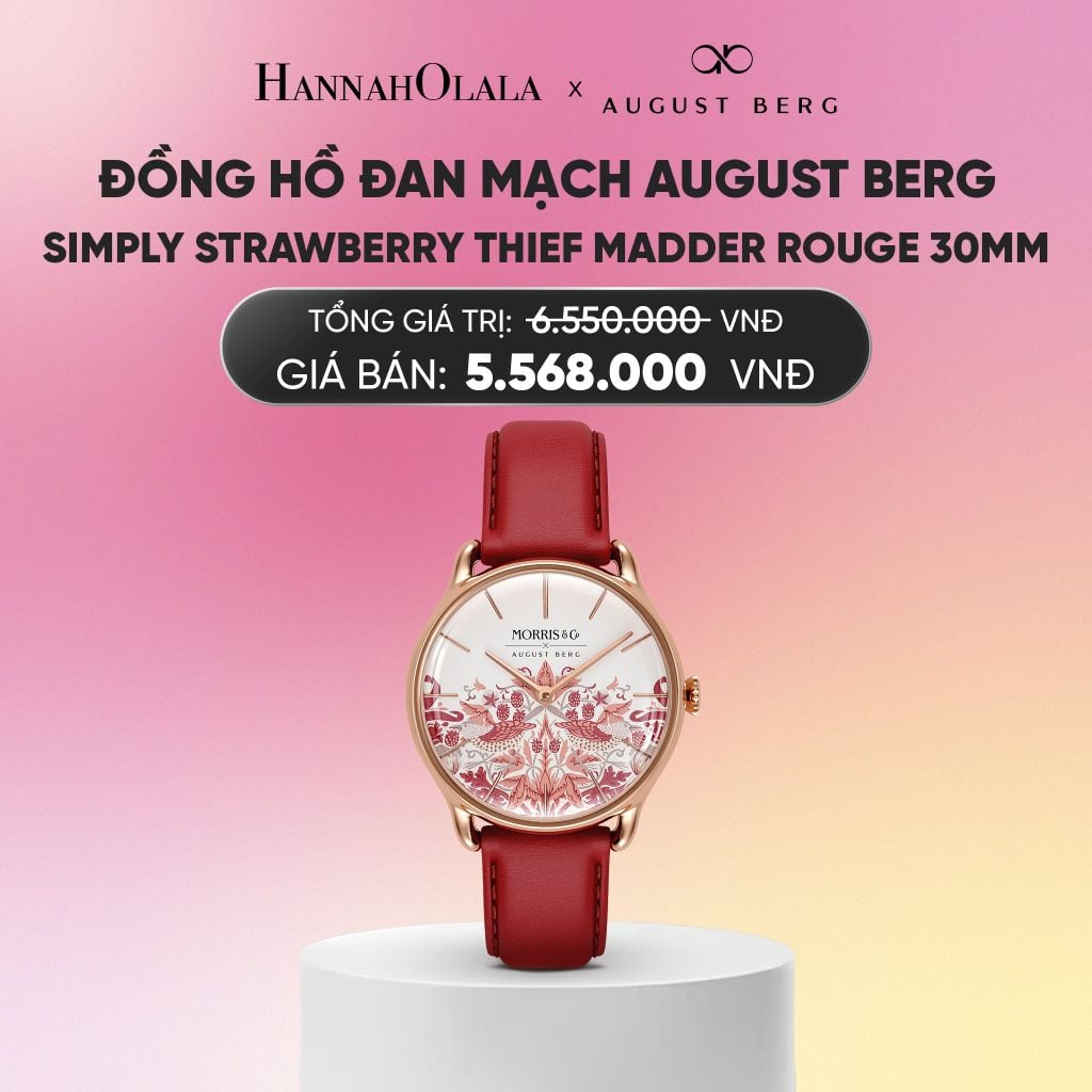  ĐỒNG HỒ ĐAN MẠCH AUGUST BERG X MORRIS & CO. - SIMPLY STRAWBERRY THIEF MADDER ROUGE 30MM - DÂY DA Ý - VÀNG HỒNG_A2289 