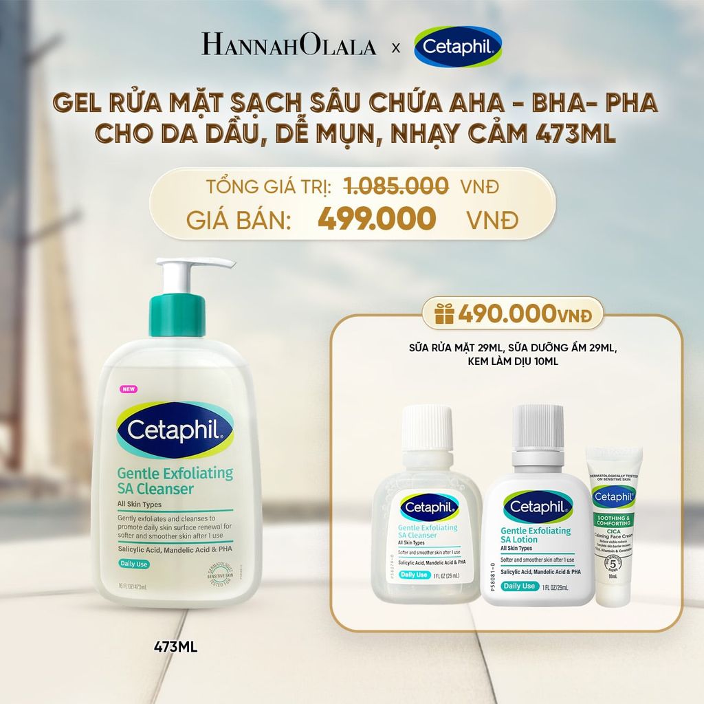  MỚI - GEL RỬA MẶT LÀM SẠCH DẦU NHỜN, NGĂN MỤN CHO DA DẦU NHẠY CẢM CETAPHIL GENTLE EXFOLIATING SA CLEANSER 473ML DEAL 2: 