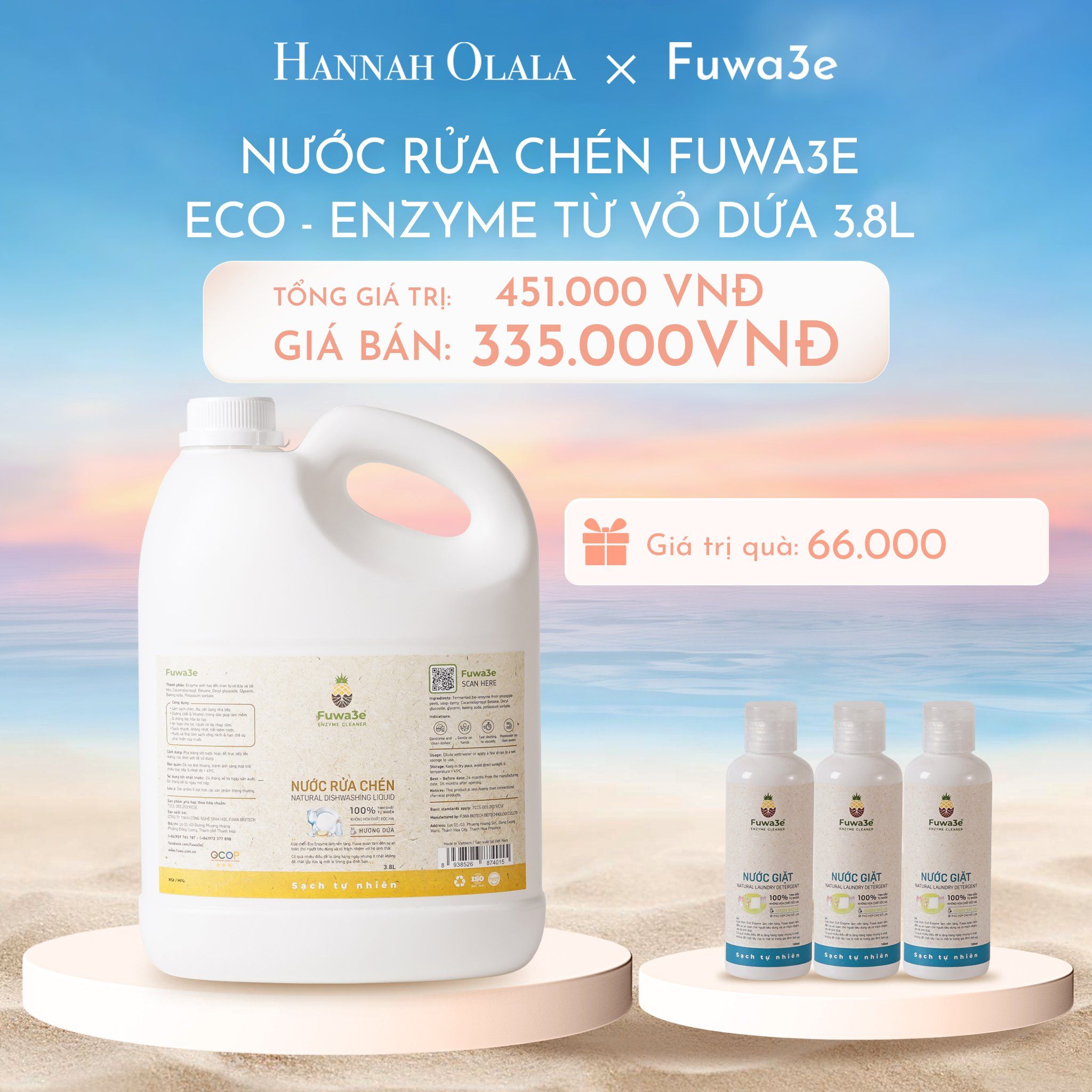  C169_DEAL 2: NƯỚC RỬA CHÉN FUWA3E ECO- ENZYME VỎ DỨA AN TOÀN CHO DA TAY 3 LÍT 8 