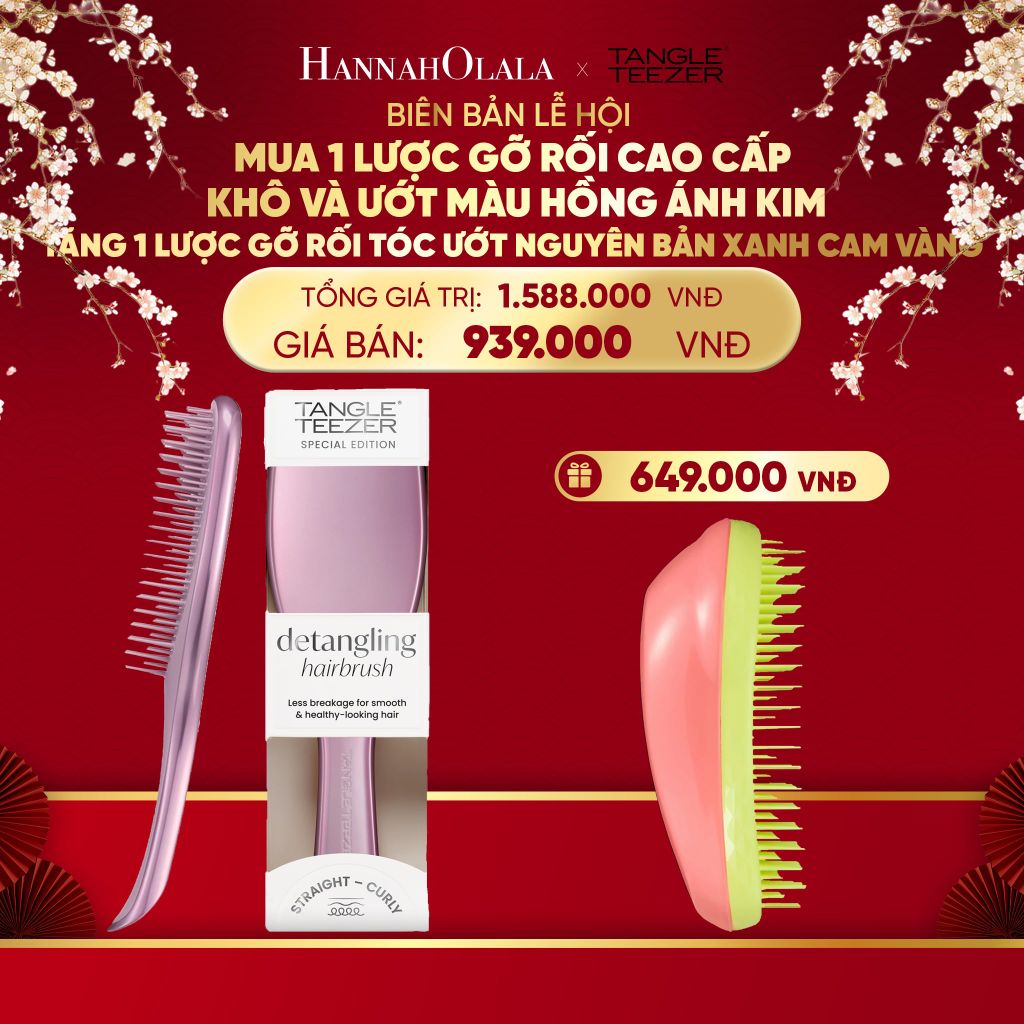  DEAL 2: MUA 1 LƯỢC GỠ RỐI TÓC CAO CẤP KHÔ VÀ ƯỚT MÀU HỒNG ÁNH KIM TẶNG 1 LƯỢC GỠ RỐI TÓC ƯỚT NGUYÊN BẢN CAM VÀNG 