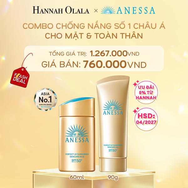  DEAL 2: COMBO SỮA CHỐNG NẮNG & GEL CHỐNG NẮNG BẢO VỆ HOÀN HẢO CHO MẶT - TOÀN THÂN ANESSA GOLD MILK 60ML + GOLD GEL 90G -HSD: 1/4/2027 