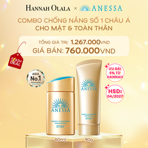 DEAL 2: COMBO SỮA CHỐNG NẮNG & GEL CHỐNG NẮNG BẢO VỆ HOÀN HẢO CHO MẶT - TOÀN THÂN ANESSA GOLD MILK 60ML + GOLD GEL 90G -HSD: 1/4/2027 