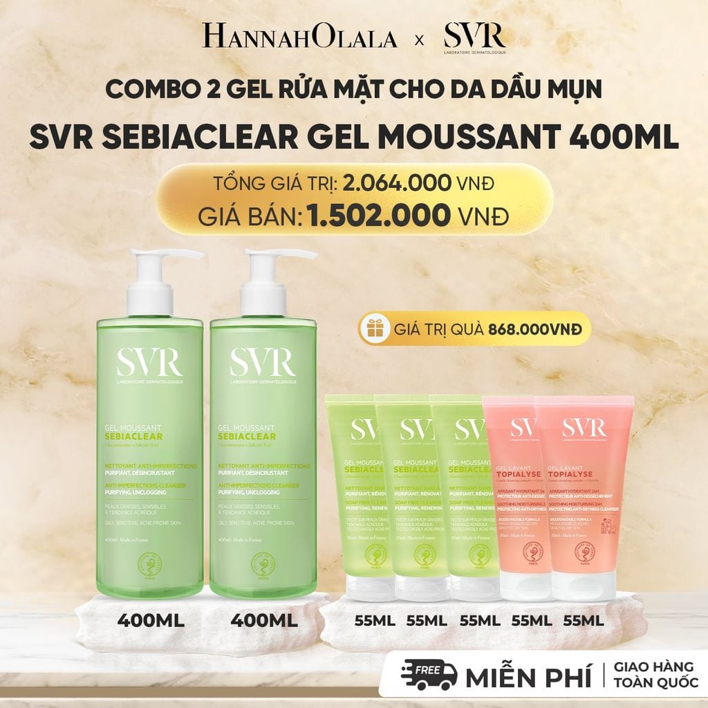  COMBO 2 GEL RỬA MẶT CHO DA DẦU MỤN, KHÔNG CHỨA XÀ PHÒNG SVR SEBIACLEAR GEL MOUSSANT 400ML - DEAL 02 