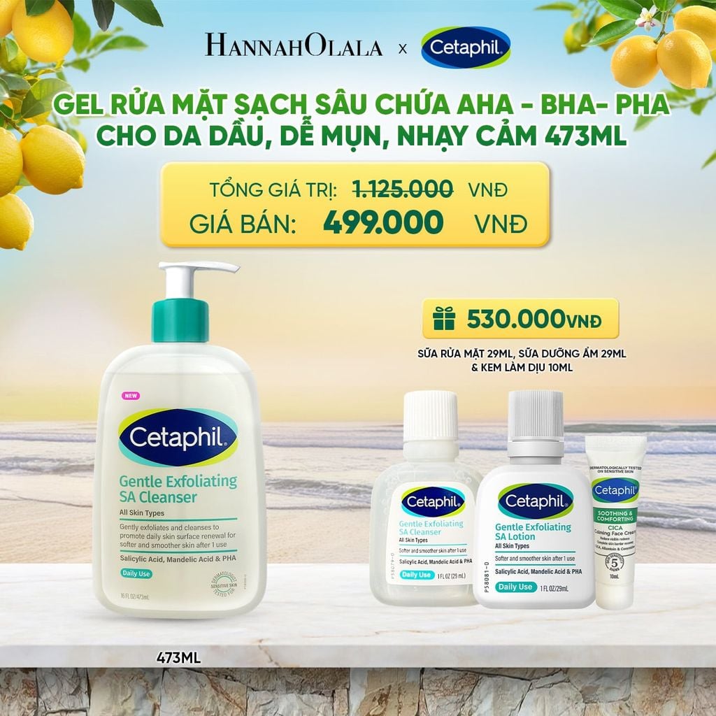  MỚI - GEL RỬA MẶT LÀM SẠCH DẦU NHỜN, NGĂN MỤN CHO DA DẦU NHẠY CẢM CETAPHIL GENTLE EXFOLIATING SA CLEANSER 473ML DEAL 2: 