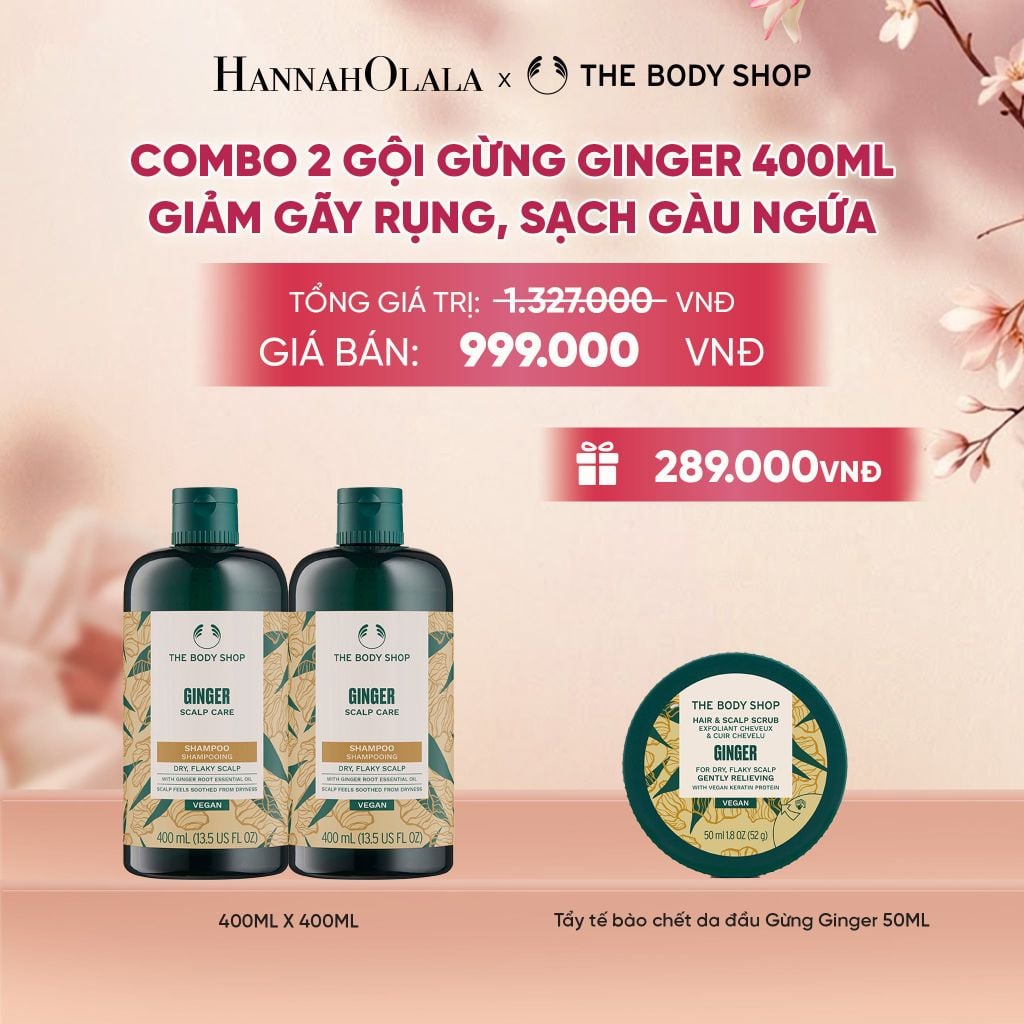  COMBO CHĂM TÓC DÀY PHỒNG, GIẢM GÃY RỤNG, SẠCH GÀU NGỨA GINGER 400ML - 2X DẦU GỘI 