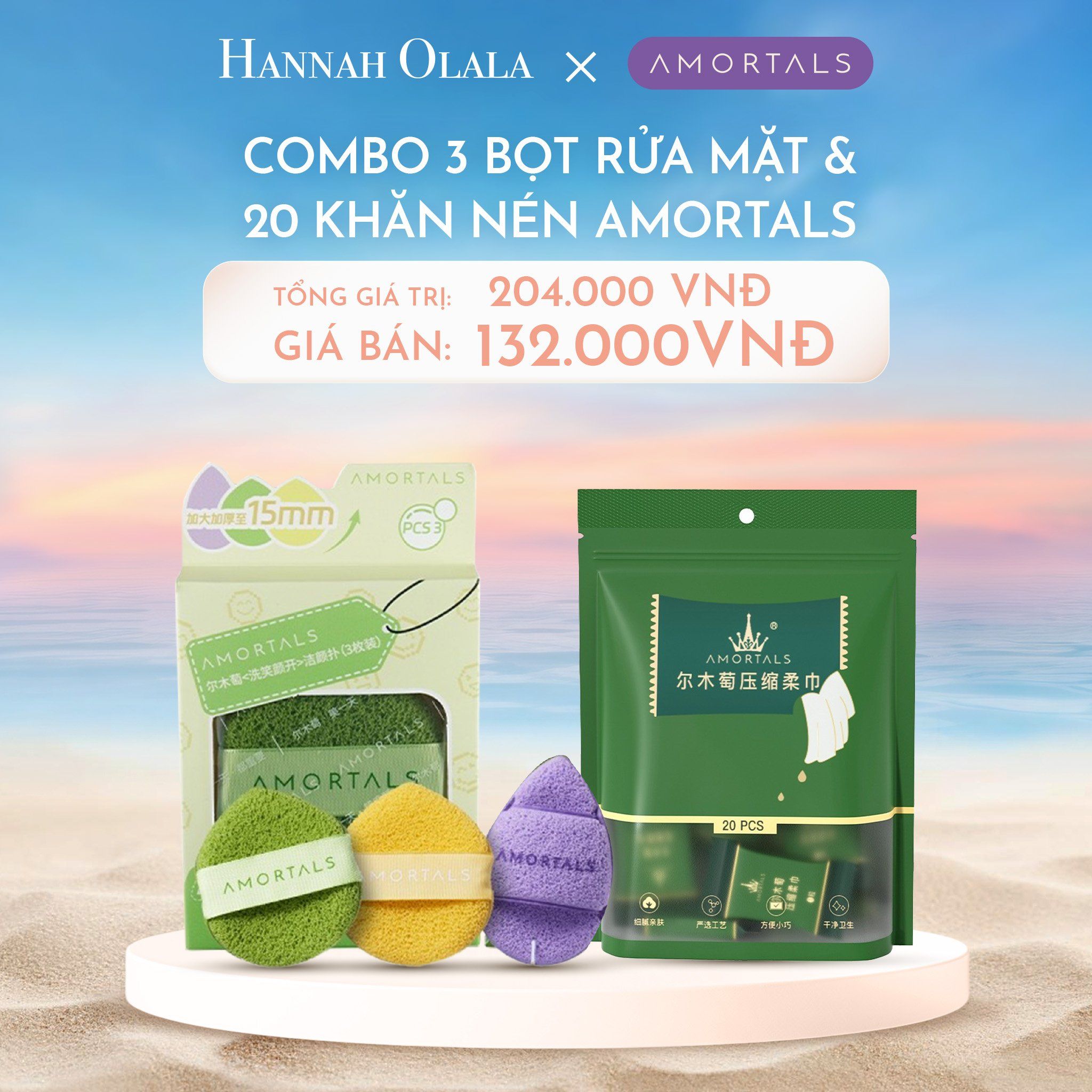  C1122_DEAL 2:COMBO 3 BỌT RỬA MẶT VÀ 20 KHĂN NÉN AMORTALS 