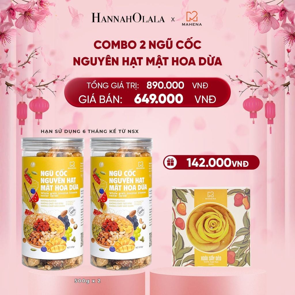  DEAL 2: MUA 2 NGŨ CỐC NGUYÊN HẠT MẬT HOA DỪA 500G TẶNG 1 HỘP XOÀI XẾP HOA 250G 