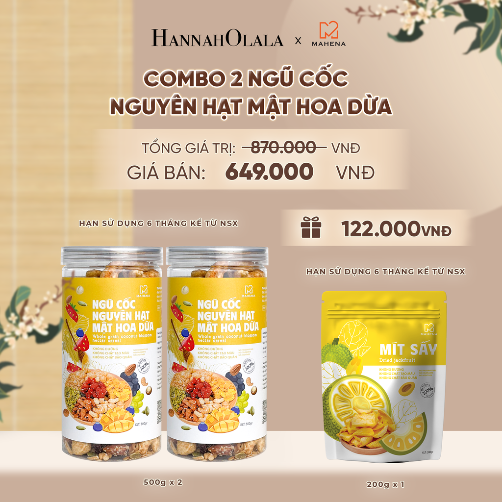  COMBO 2 NGŨ CỐC NGUYÊN HẠT MẬT HOA DỪA 500G TẶNG 1 MÍT SẤY GIÒN 200G DEAL 2: 