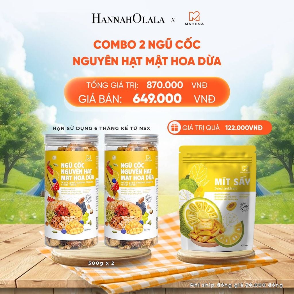  DEAL 2: MUA 2 NGŨ CỐC NGUYÊN HẠT MẬT HOA DỪA 500G TẶNG 1 MÍT THÁI SẤY GIÒN 200G 