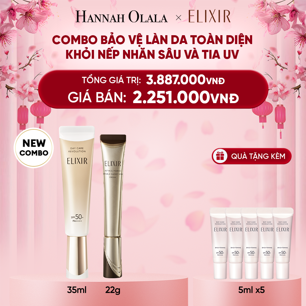  DEAL 2: COMBO KEM DƯỠNG DA CẢI THIỆN 11 LOẠI NẾP NHĂN SÂU ELIXIR RETINOL POWER WRINKLE SMOOTHING CREAM 22G ( PHIÊN BẢN CẢI TIẾN MỚI) & [THẾ HỆ MỚI] SỮA CHỐNG NẮNG PHỤC HỒI COLLAGEN TỪ CẤP ĐỘ TẾ BÀO ELIXIR DAY CARE REVOLUTION SPF50+ 35ML 