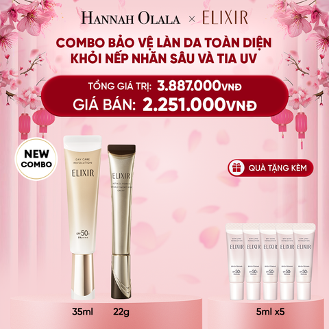  DEAL 2: COMBO KEM DƯỠNG DA CẢI THIỆN 11 LOẠI NẾP NHĂN SÂU ELIXIR RETINOL POWER WRINKLE SMOOTHING CREAM 22G ( PHIÊN BẢN CẢI TIẾN MỚI) & [THẾ HỆ MỚI] SỮA CHỐNG NẮNG PHỤC HỒI COLLAGEN TỪ CẤP ĐỘ TẾ BÀO ELIXIR DAY CARE REVOLUTION SPF50+ 35ML 