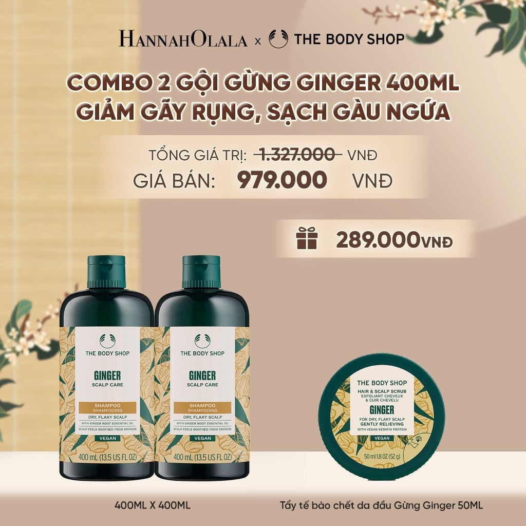  COMBO CHĂM TÓC DÀY PHỒNG, GIẢM GÃY RỤNG, SẠCH GÀU NGỨA GINGER 400ML - 2X DẦU GỘI - A2300 